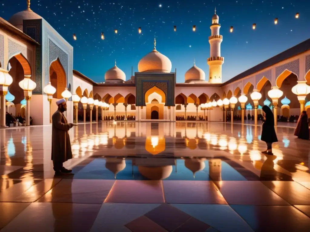 Un deslumbrante patio de mezquita nocturno iluminado por faroles y estrellas