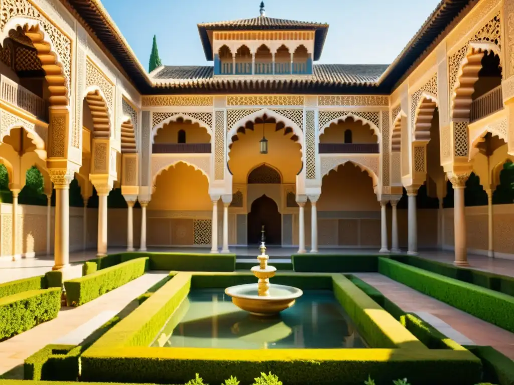 Destinos Halal para viajero musulmán: Imagen 8k de la Alhambra, con su arquitectura islámica, jardines exuberantes y juego de luces y sombras