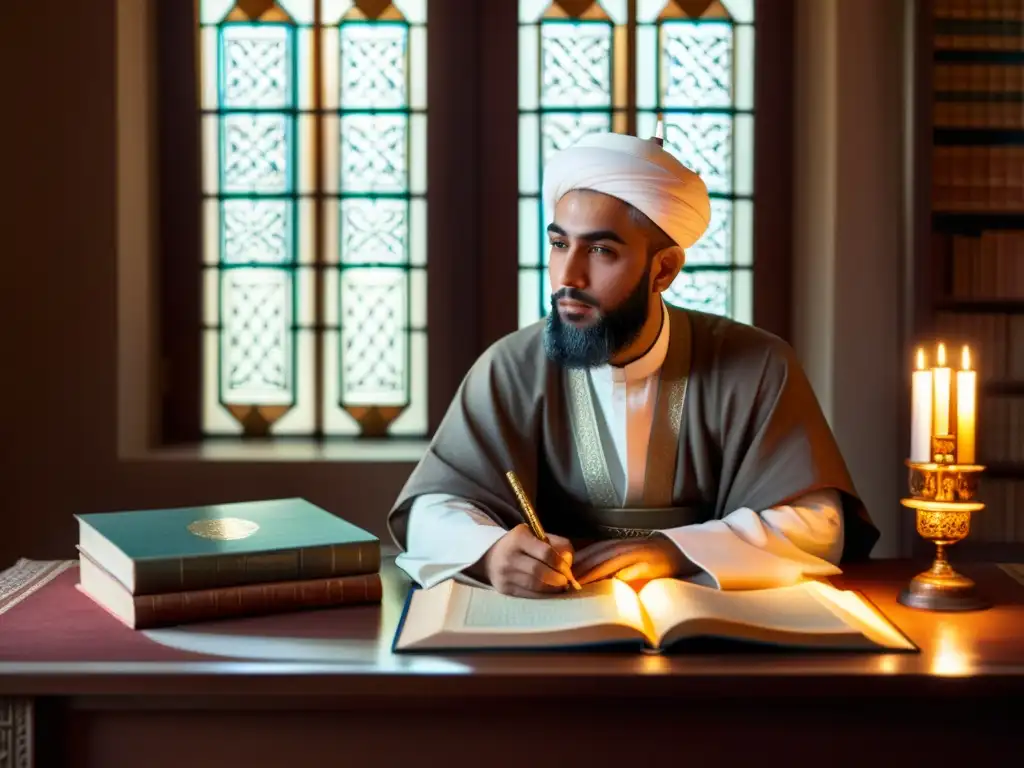 Detallada ilustración de al-Kindi en su estudio, rodeado de libros y pergaminos, mostrando su herencia en la unificación de fe y filosofía