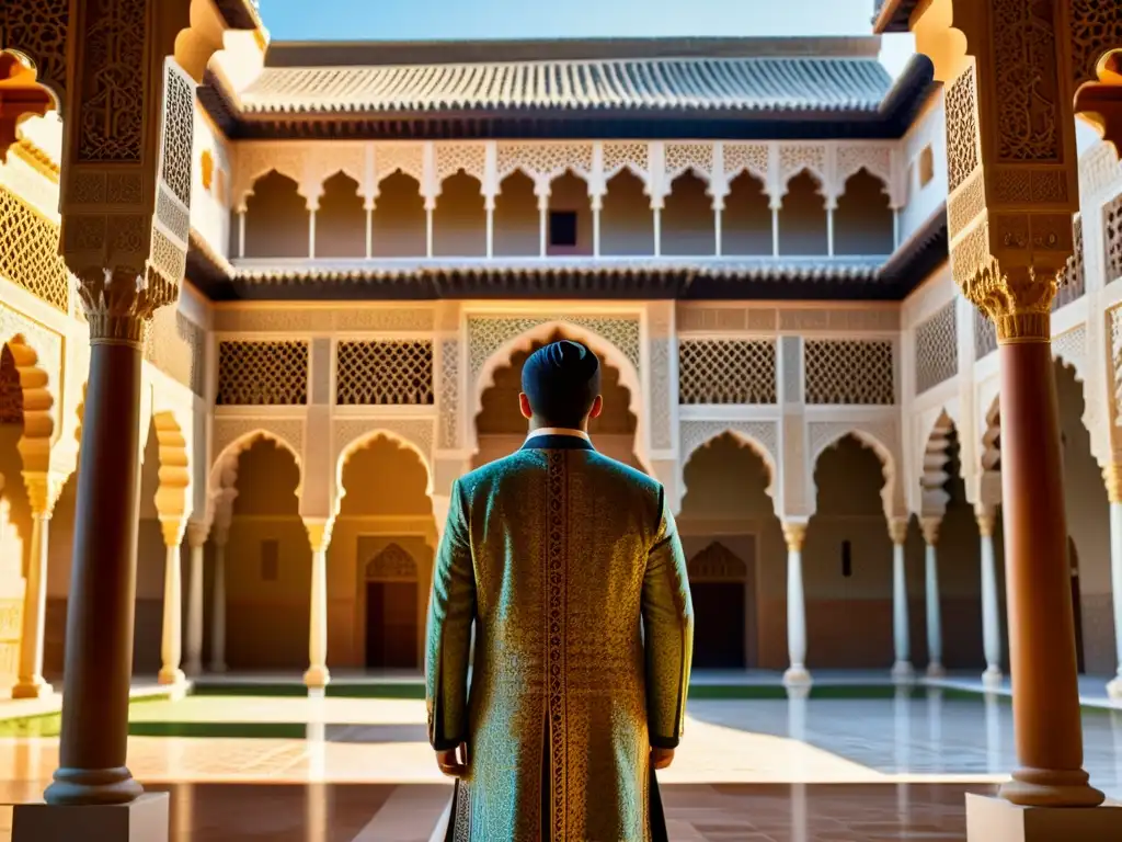 Detallada arquitectura de la Alhambra bañada por cálida luz, resaltando la influencia del Islam en España