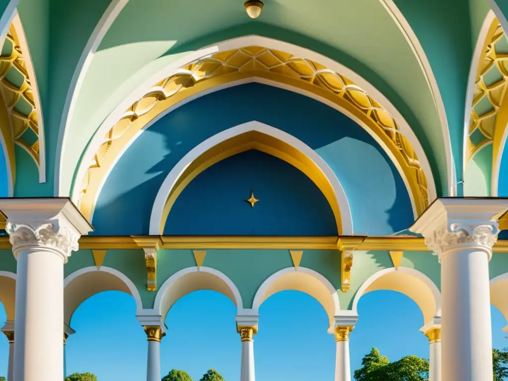 Detallada arquitectura islámica en Kadriorg Palace, Estonia, bañada por cálida luz dorada, rodeada de exuberantes jardines y cielo azul