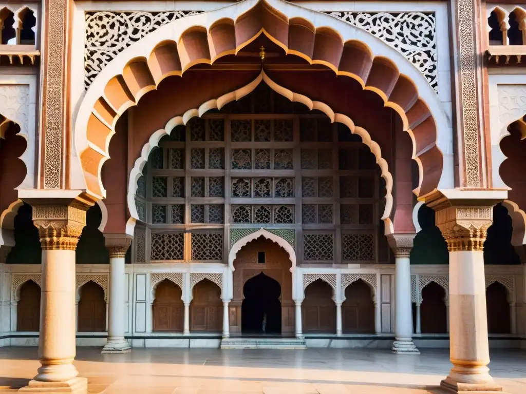 Detallada arquitectura islámica India: intrincados arcos y marmóreas celosías de la Jama Masjid, resaltados por el cálido atardecer