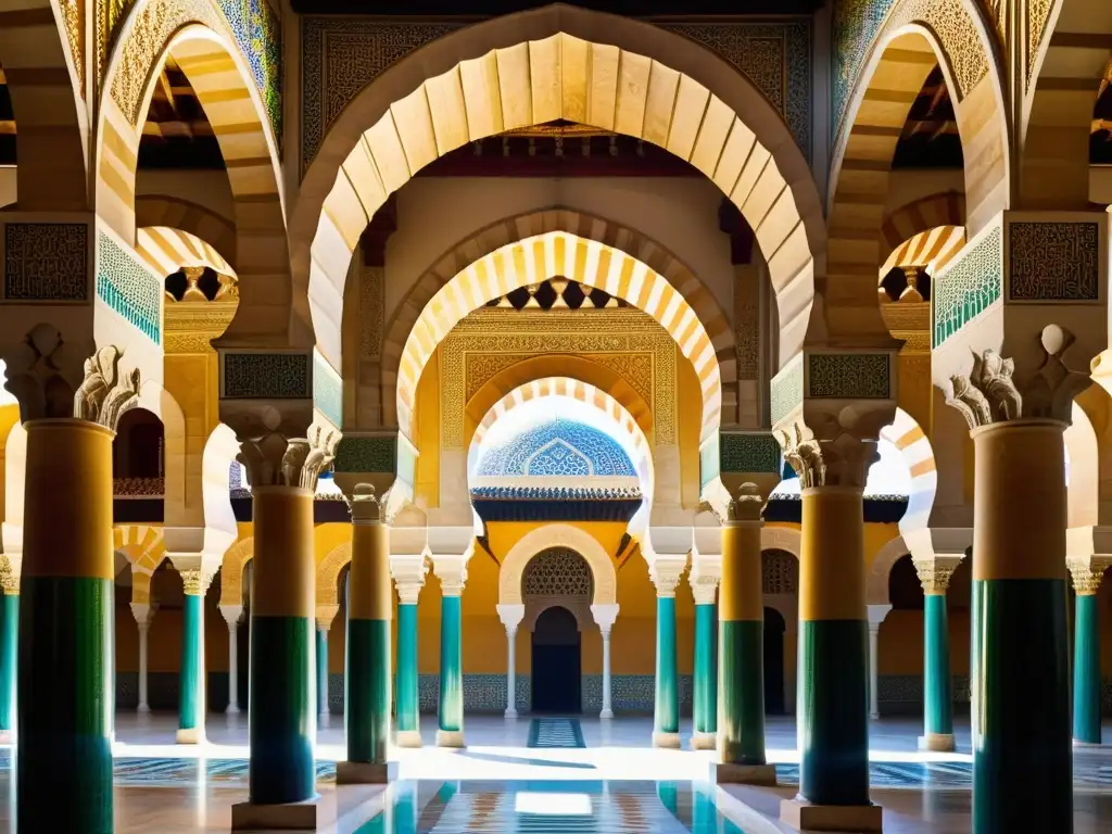 Detallada arquitectura musulmana con simbolismo en la Gran Mezquita de Córdoba: juego de luz y sombra en columnas ornamentadas y azulejos vibrantes