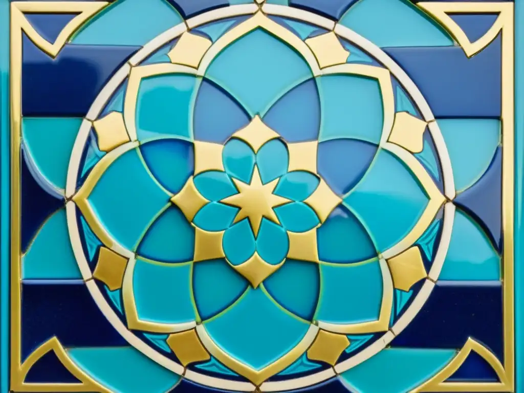 Detallada artesanía islámica preservando la herencia: azulejo con patrón geométrico en azul, turquesa y oro, deslumbrante y meticuloso