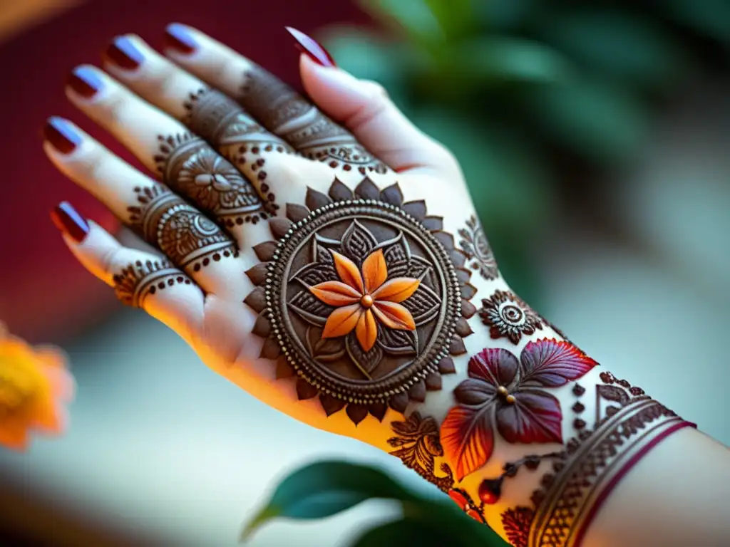 Una detallada y artística henna en la mano, con patrones islámicos y colores terrosos, resalta el significado cultural de los tatuajes en el Islam