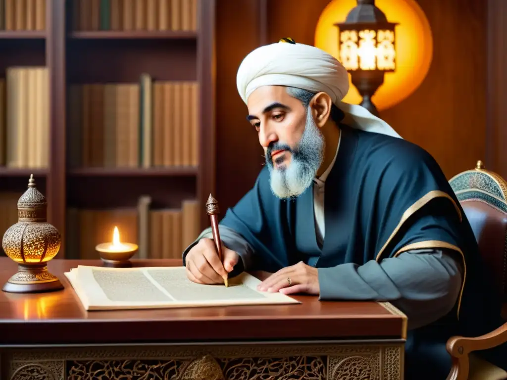 Una representación detallada de Ibn Rushd (Averroes) reflexionando en su escritorio, iluminado por una lámpara de aceite