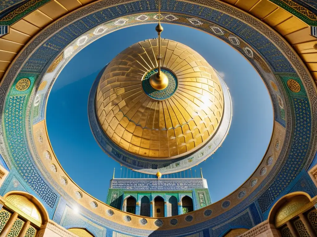 Fotografía detallada del Domo de la Roca en Jerusalén, destacando su arquitectura islámica y la icónica cúpula dorada