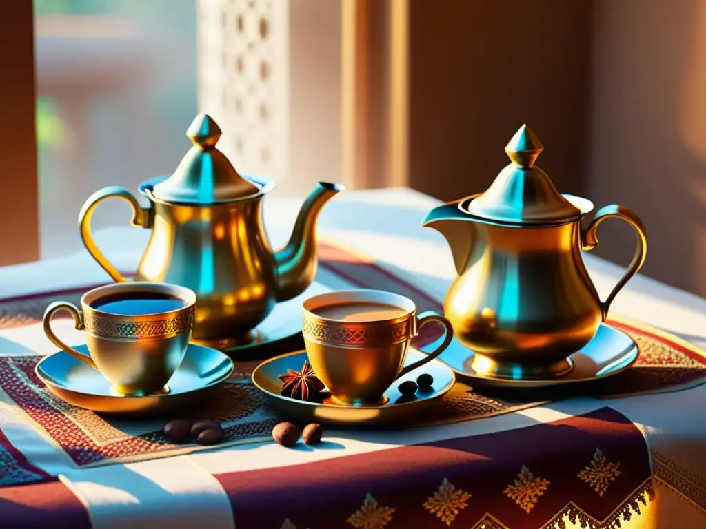 Una detallada escena de una ceremonia tradicional del café árabe con tazas decoradas, una cafetera adornada y una mesa llena de café y especias