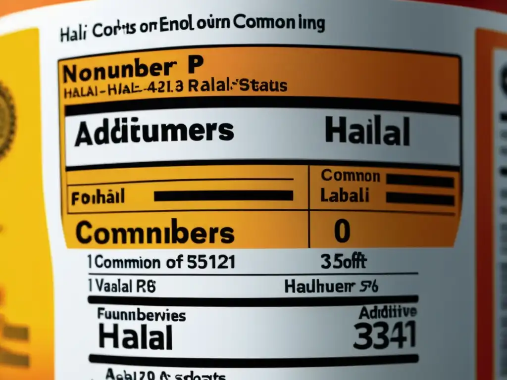 Detallada etiqueta de alimentos con aditivos no Halal en dieta, Enumbers y estado halal, colores vibrantes y composición atractiva