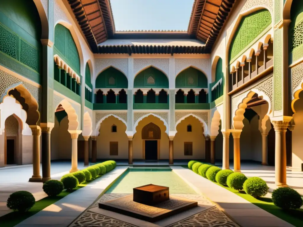 Una detallada ilustración 8k de una histórica madrasa islámica llena de detalles arquitectónicos, académicos y vegetación exuberante