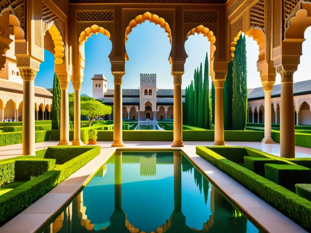 Detallada imagen de la Alhambra, con arquitectura morisca y jardines, reflejando la belleza del arte islámico