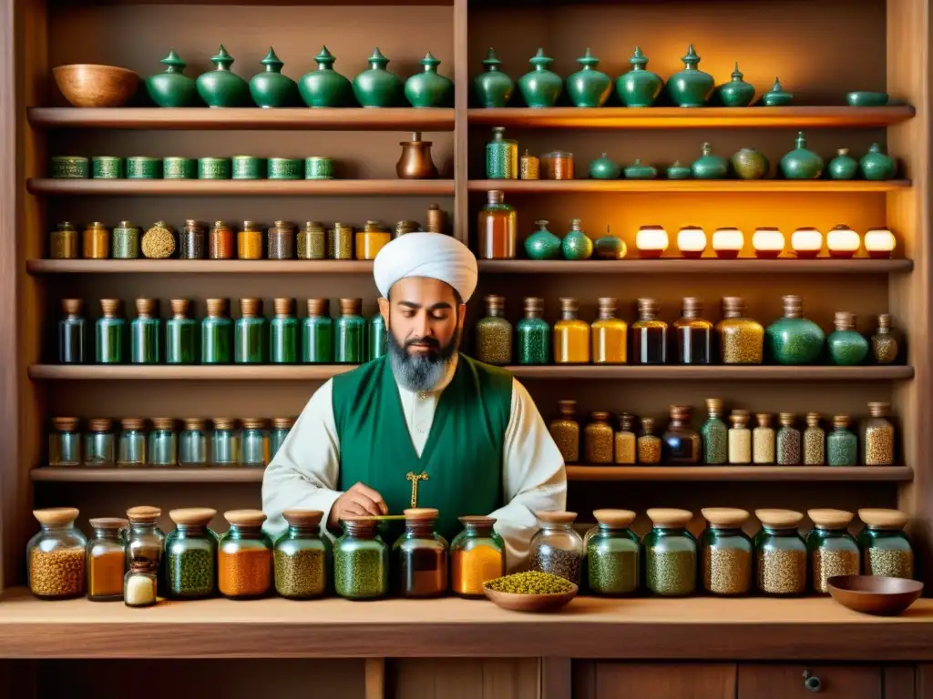 Una detallada imagen de una antigua farmacia islámica, con estantes llenos de hierbas, especias e ingredientes medicinales