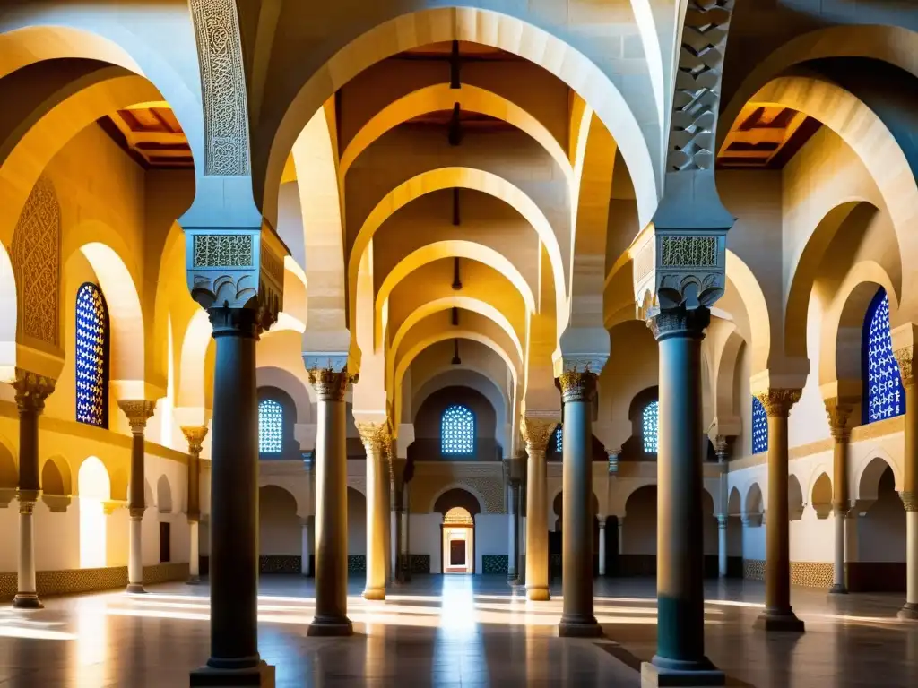 Detallada imagen de los arcos de herradura, patrones geométricos y juego de luces en la Gran Mezquita de Córdoba, mostrando su historia y arquitectura