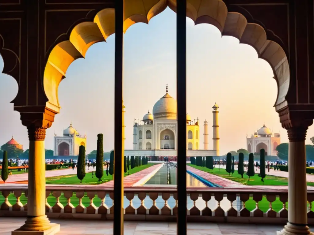 Detallada imagen del atardecer en el Taj Mahal, con patrones de mármol y la cúpula blanca