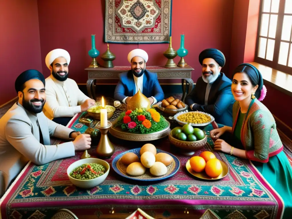 Una detallada imagen fotorealista de figuras importantes en la historia musulmana celebrando Nowruz, fusionando tradiciones islámicas y persas