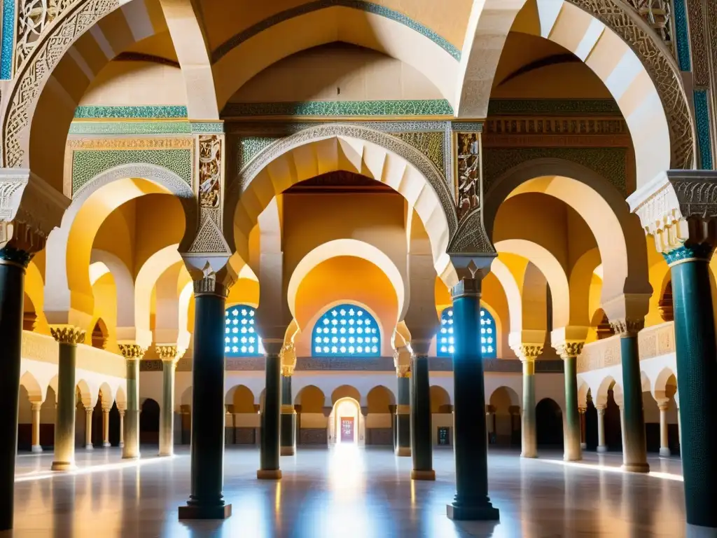 Detallada imagen de la Gran Mezquita de Córdoba con arcos de herradura, mosaicos y juego de luces y sombras