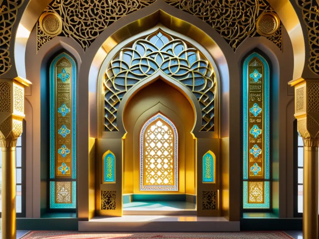 Detallada imagen de un impresionante mihrab dorado en una mezquita islámica, exudando opulencia y devoción en el arte de la orfebrería en el Islam