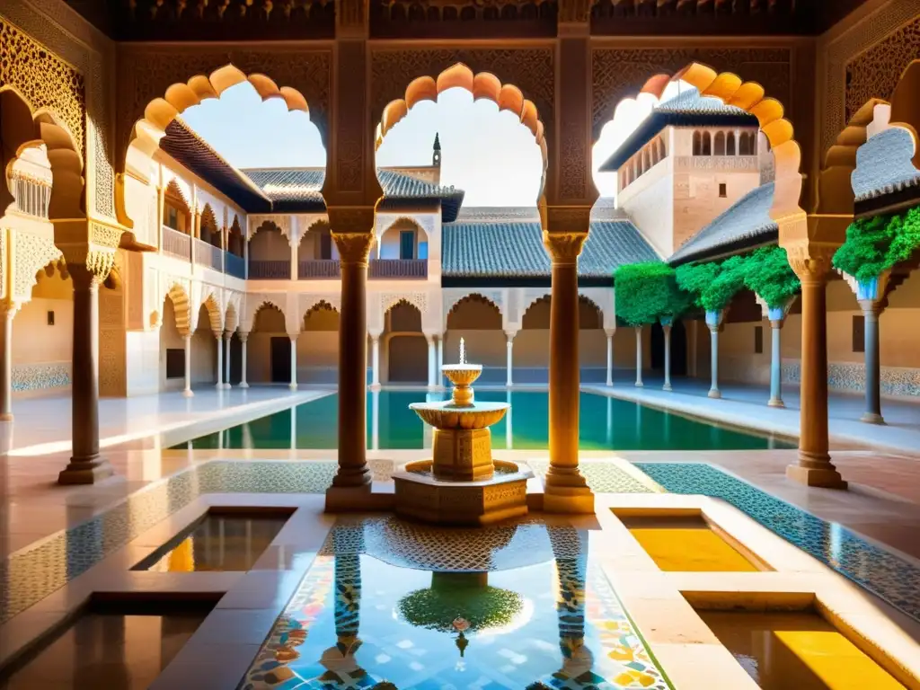 Detallada imagen de los impresionantes Jardines de los Califatos islámicos en la Alhambra, con intrincados patrones geométricos y azulejos coloridos