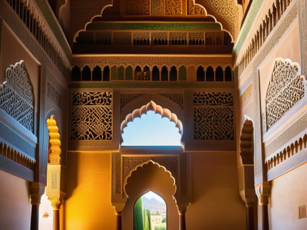 Detallada imagen 8k del interior de la Alhambra con patrones geométricos islámicos, luz cálida y arquitectura exquisita