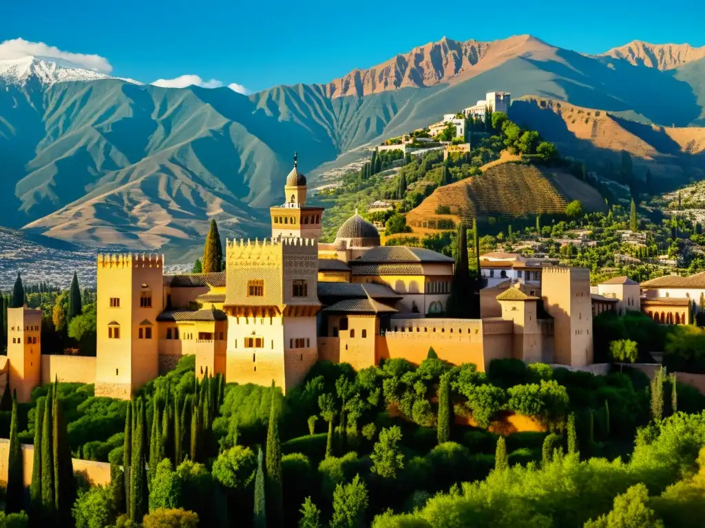 Detallada imagen realista de la Alhambra en Granada, España, destacando su arquitectura morisca, jardines y montañas