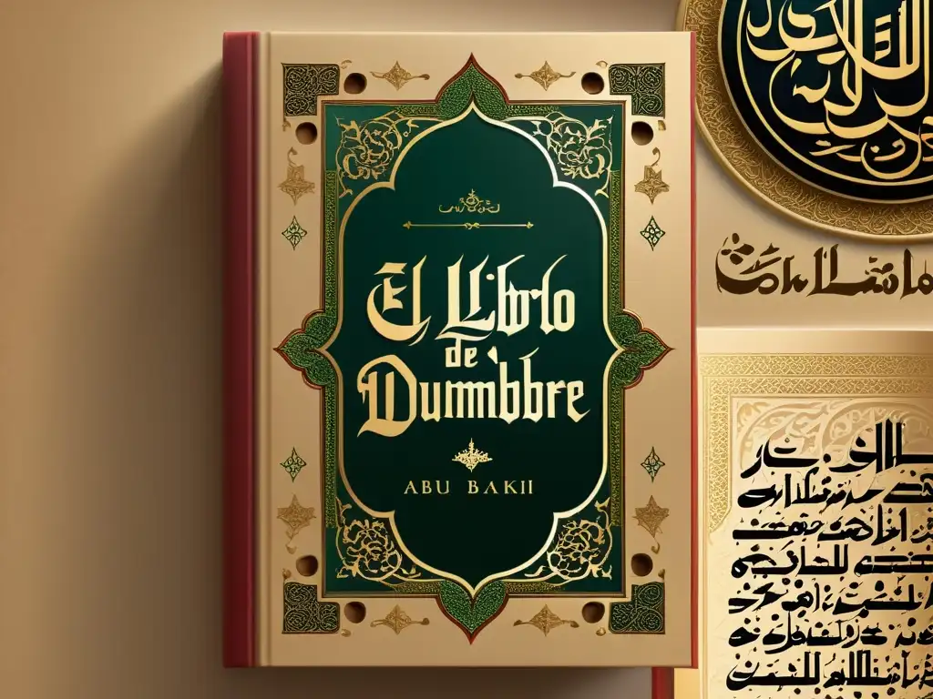 Detallada imagen realista de la cubierta de 'El Libro de la Certidumbre' de Abu Bakr alKalabadhi, con intrincada caligrafía árabe, diseño ornamental y fondo texturizado que evoca sabiduría y tradición