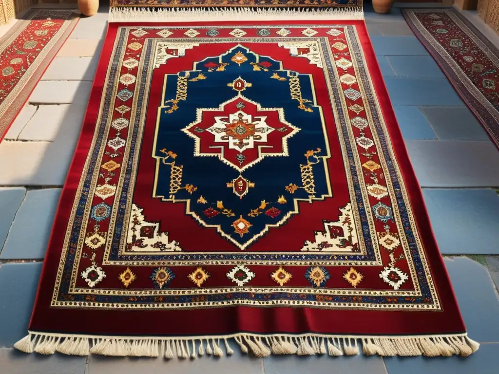 Persa: Detalle fotorealista de alfombra vibrante en patio oriental Detallada imagen de un vibrante tapete persa con patrones intrincados que resaltan el papel del textil en la expansión cultural del Islam
