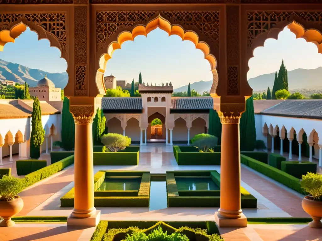 Guía detallada Alhambra Granada: Vista impresionante de la Alhambra al atardecer, con sus palacios y jardines iluminados por la cálida luz dorada