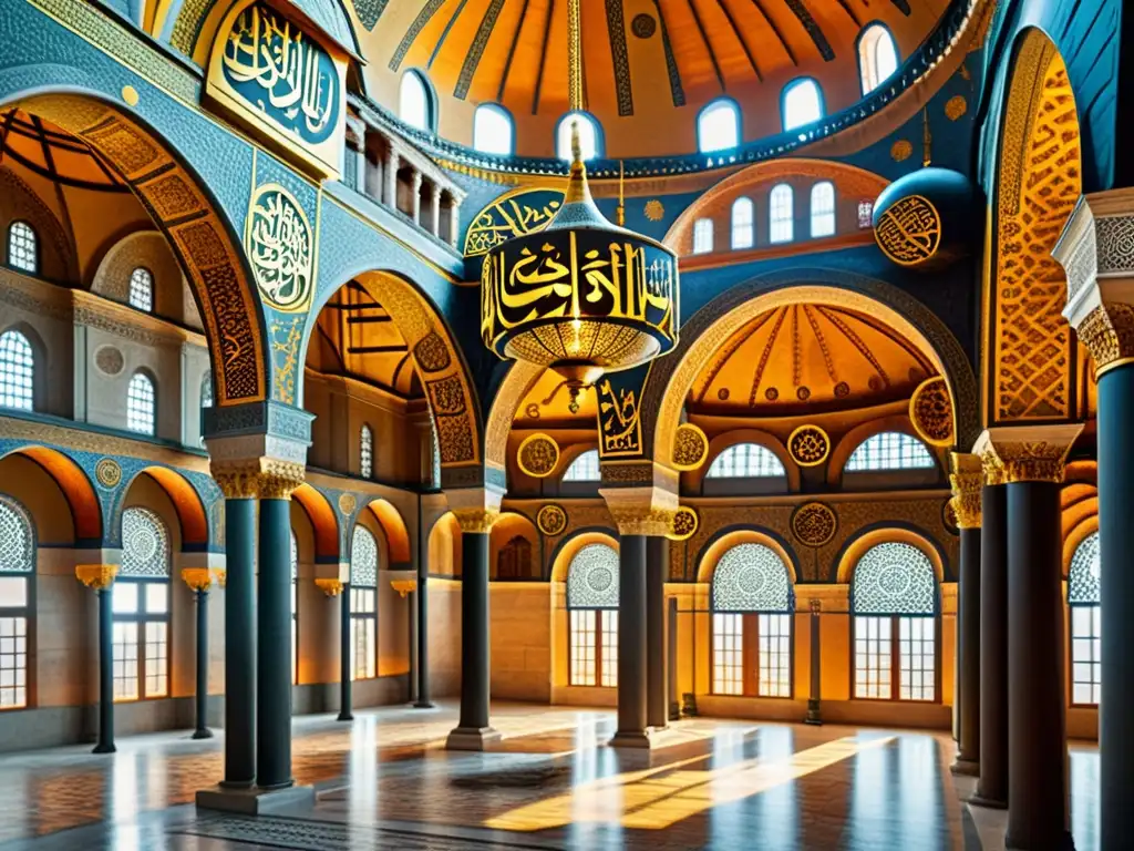 Detallada representación del interior de la Hagia Sophia, con caligrafía islámica, patrones geométricos y juego de luces y sombras