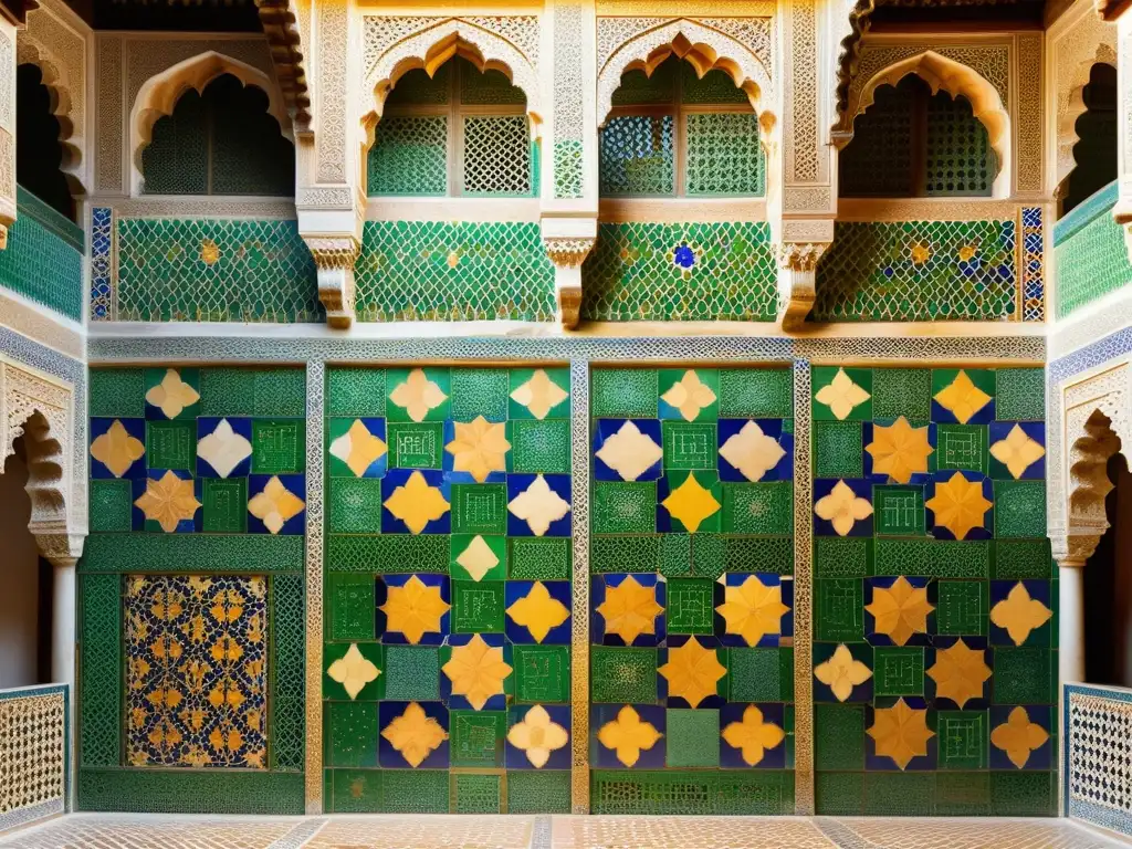 Una detallada guía de la Alhambra en Granada, capturando la meticulosa belleza de sus azulejos moriscos en los Palacios Nazaríes