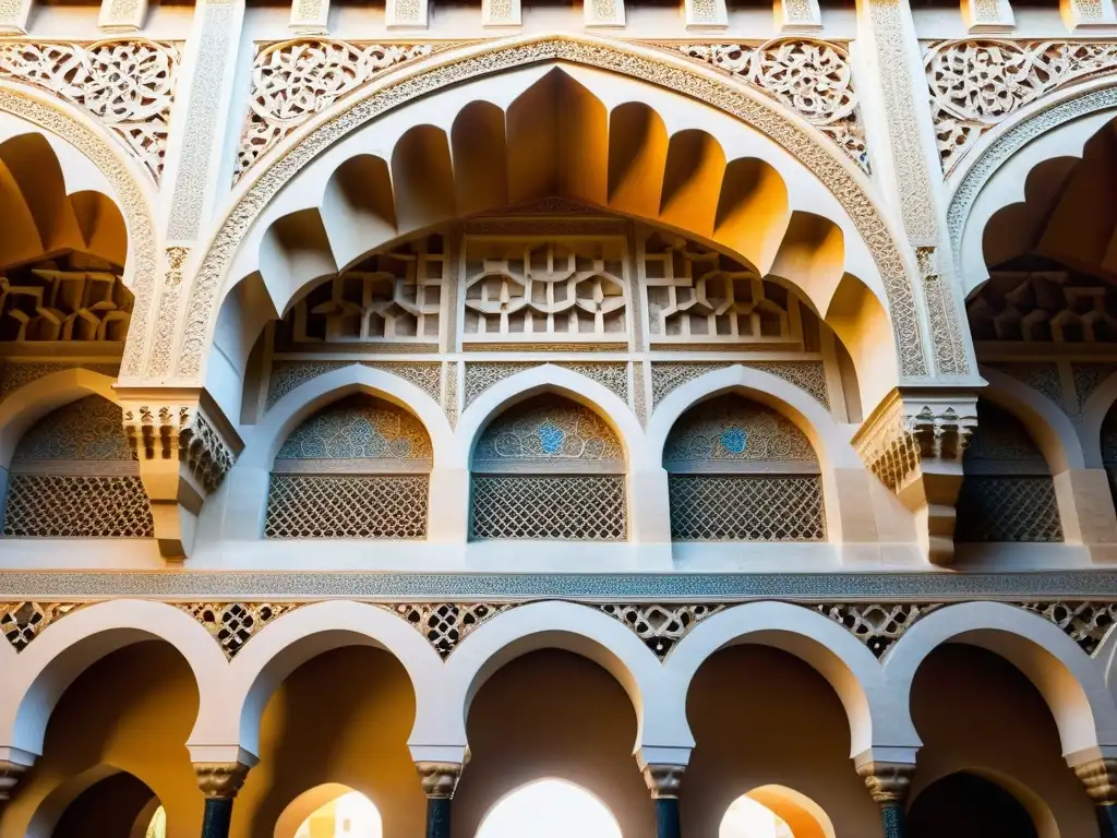 Detallada ornamentación en mezquitas islámicas, muestra arcos decorativos, patrones geométricos y arabescos en la Gran Mezquita de Córdoba