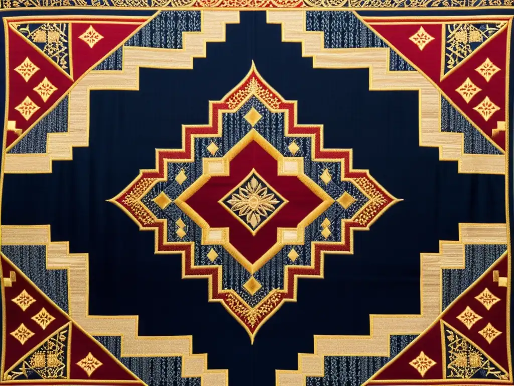 Detallada obra de arte textil islámico tradicional con patrón geométrico en tonos índigo, carmesí y dorado, realzada por bordados metálicos