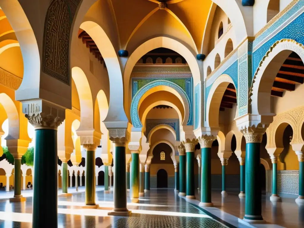 Detallada pintura de la Gran Mezquita de Córdoba en la época del Califato Abasí, con sus arcos, mosaicos y juego de luces y sombras, transmitiendo grandeza y legado histórico