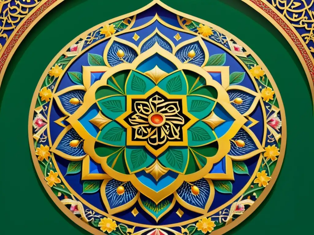Detallada pintura islámica con motivos geométricos, colores vibrantes y caligrafía ornamental