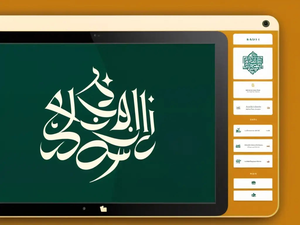 Detallada plataforma de elearning para Islam con caligrafía árabe, patrones geométricos e historia islámica