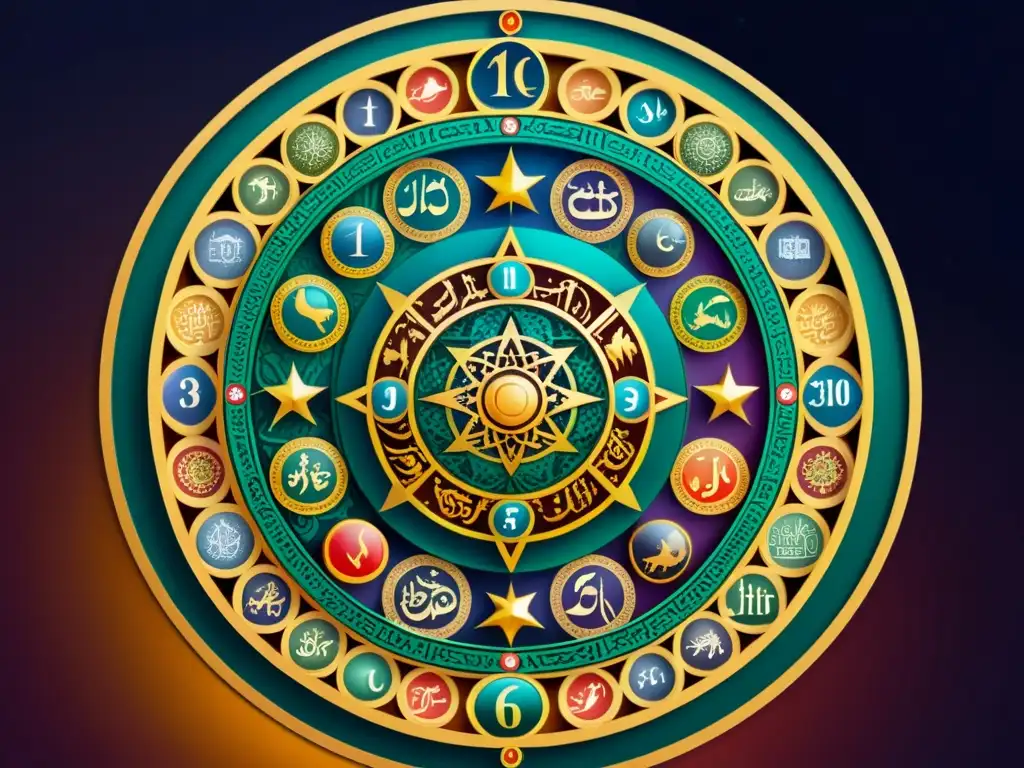 Detallada representación de la rueda de la iconografía astrología islámica, con intrincados diseños, colores vibrantes y símbolos celestiales