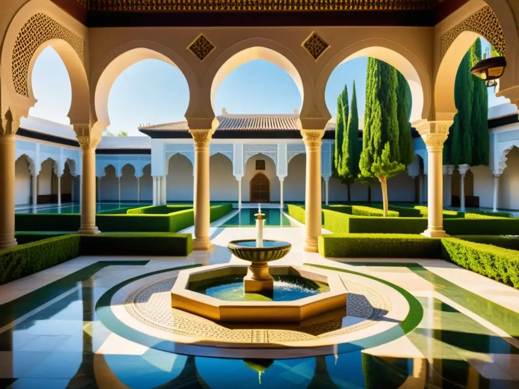 Detallada ilustración de un tranquilo patio en un antiguo centro filosófico islámico, con exquisitos detalles arquitectónicos y jardines exuberantes