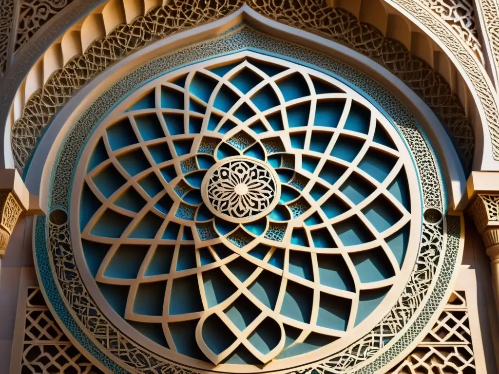 Detallada ornamentación tridimensional del arte islámico, con intrincados diseños geométricos y juego de luces y sombras en una mezquita