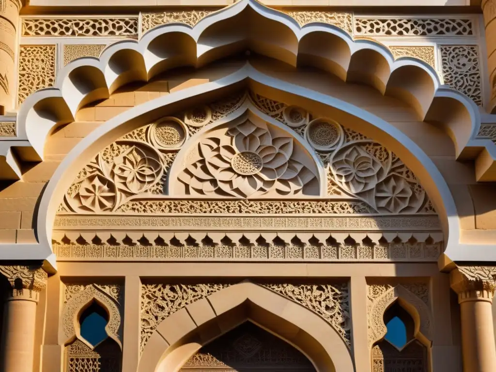 Detalladas tallas en arenisca de una mezquita histórica, evocando la belleza atemporal de los materiales de construcción en mezquitas históricas