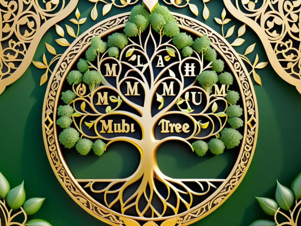 Detallado árbol familiar del Profeta Muhammad con caligrafía árabe y diseño ornamental