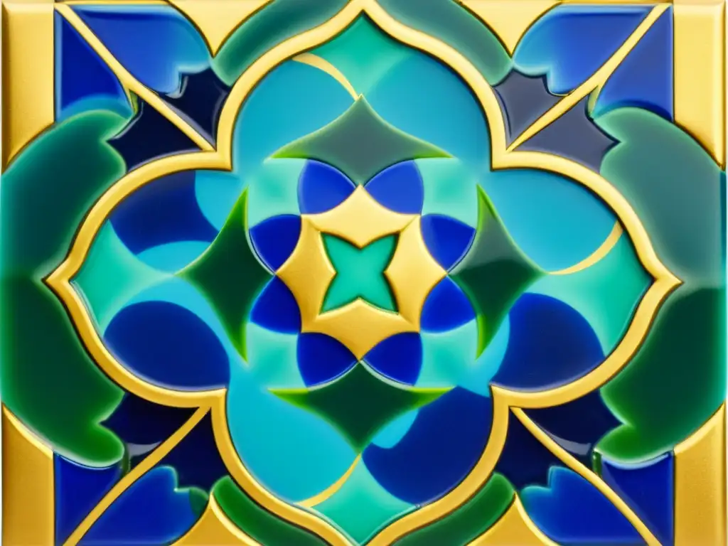 Detallado azulejo de arte cerámico islámico impacto mundial en tonos vibrantes de azul, turquesa y verde esmeralda, con motivos geométricos y florales