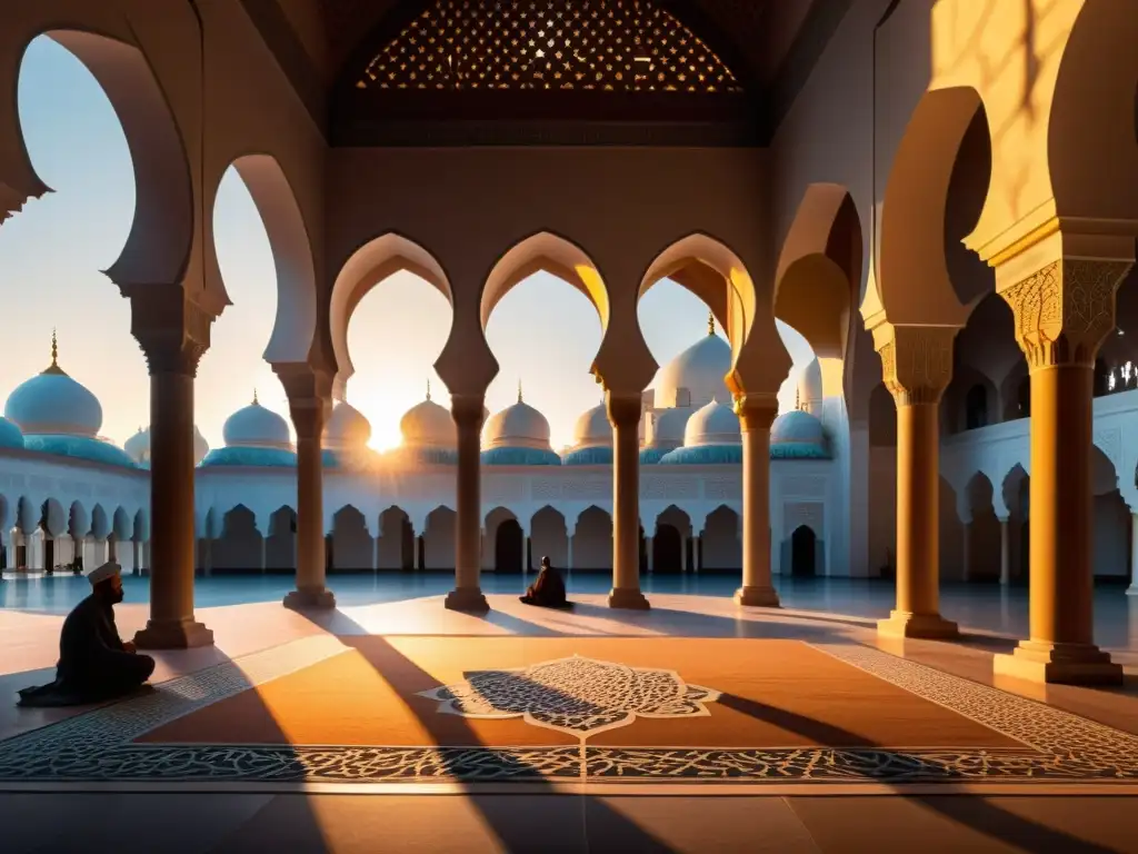 Un detallado dibujo de un patio de mezquita al amanecer, con sombras largas proyectadas por el sol y eruditos en discusión