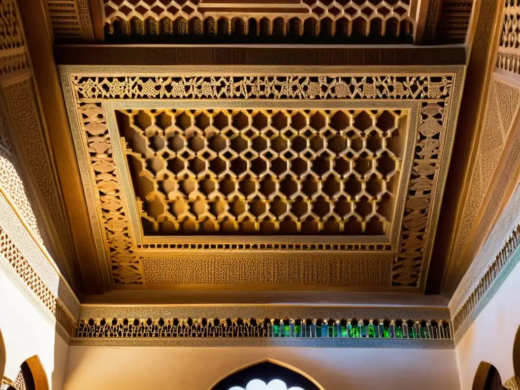 Detallado diseño geométrico en la Alhambra, reflejando la precisión y belleza del arte islámico