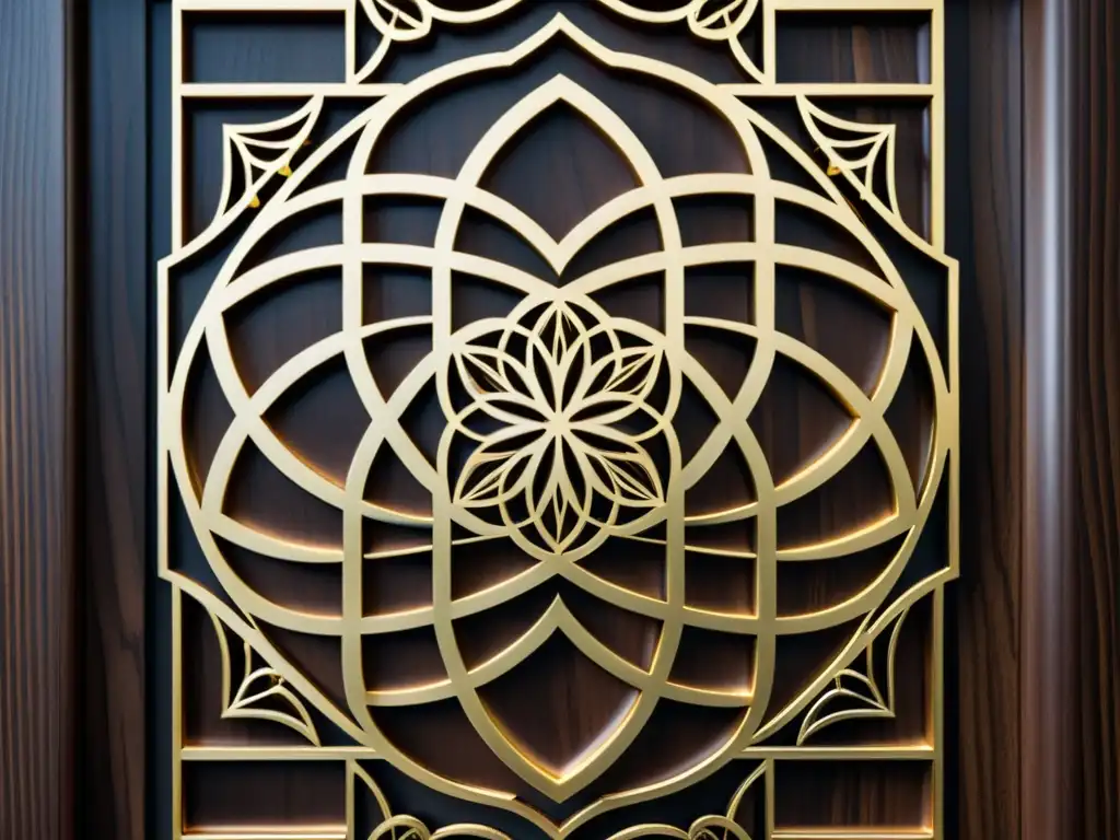 Panel de madera tallado con diseño geométrico islámico Detallado diseño islámico grabado en madera oscura, con patrones sutiles y toques dorados, para decoración con motivos islámicos sutiles