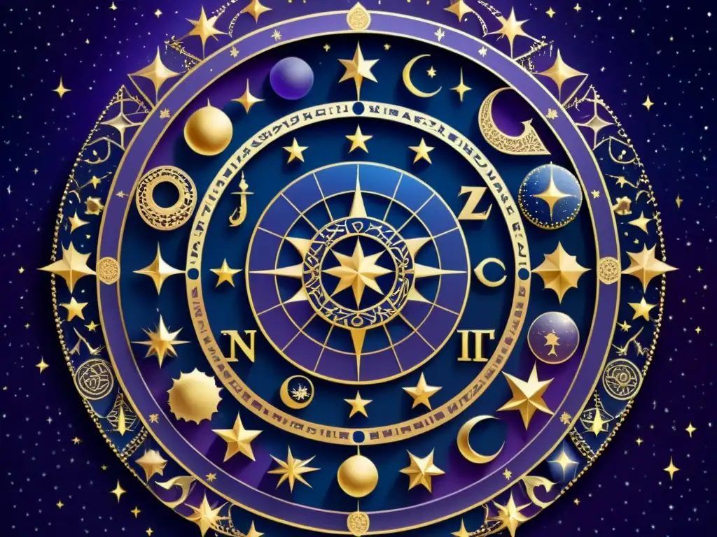 Un detallado mapa celestial islámico con los signos zodiacales adornados, sobre un cielo estrellado