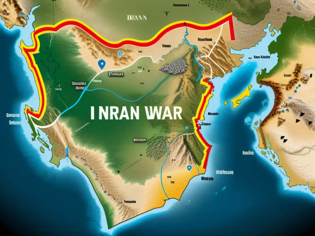 Un detallado mapa estratégico de la Guerra Irán-Irak que destaca las etapas, movimientos y posiciones militares clave