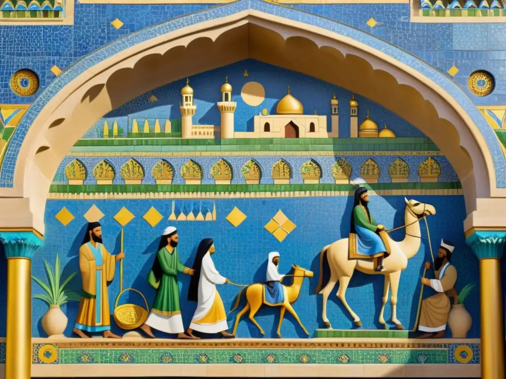 Detallado mosaico árabe en tonos vibrantes de azul, verde y oro, ilustrando escenas de la vida diaria en un bullicioso mercado antiguo