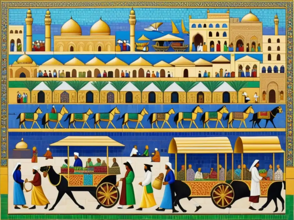 Un detallado mosaico que retrata una bulliciosa escena de un mercado en el antiguo Cairo, con mercaderes y compradores