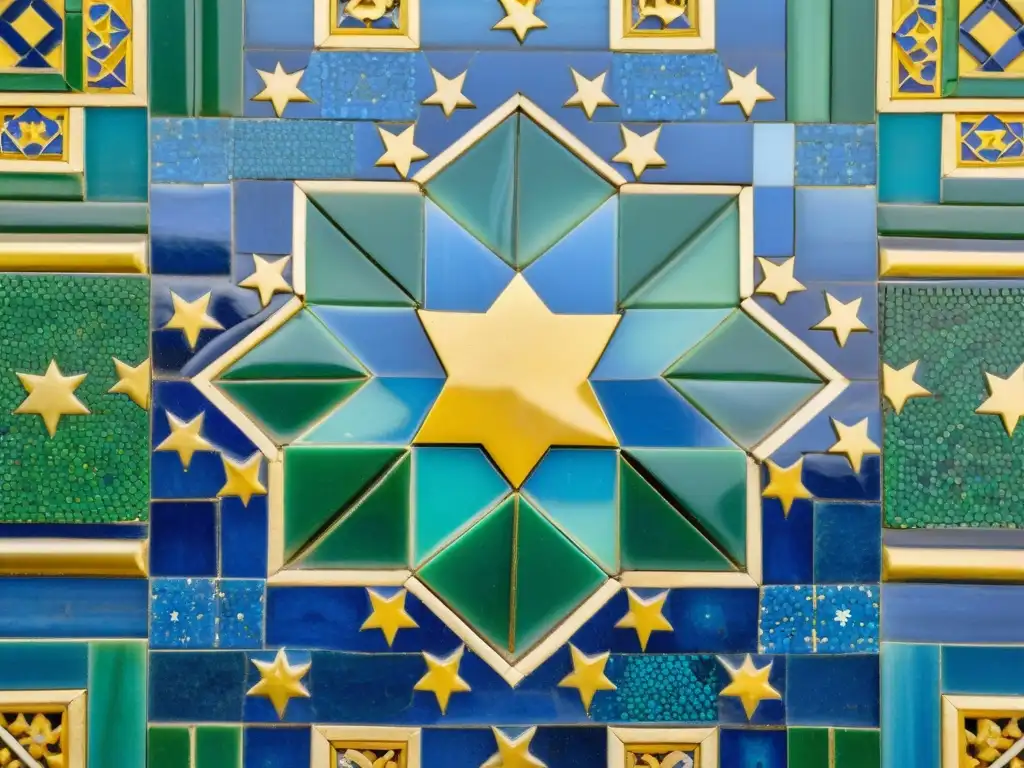 Detallado mosaico geométrico en la Alhambra, Granada, repleto de estrellas y diseños árabes en tonos azules, verdes y dorados