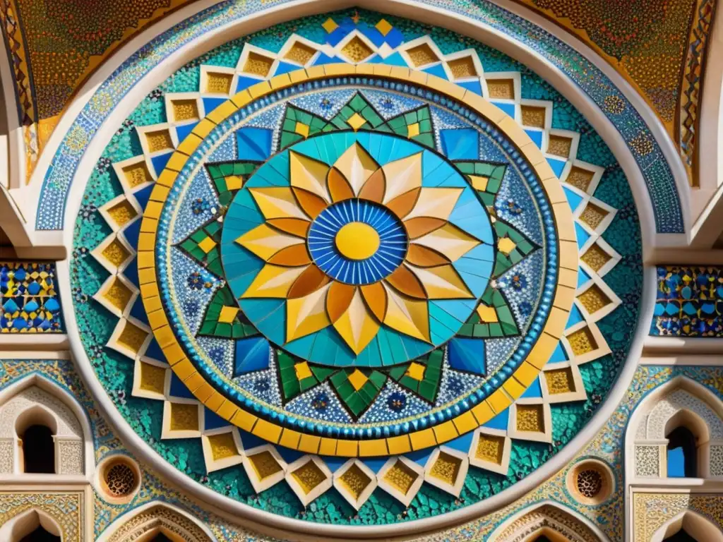 Detallado mosaico islámico en África contemporáneo: patrón floral simétrico con colores vibrantes y detalles exquisitos, iluminado por la luz del sol