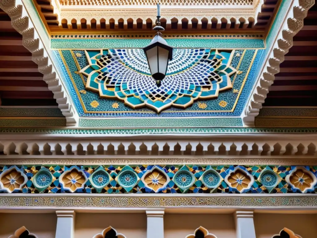 Detallado mosaico en palacio marroquí con colores vibrantes y diseño geométrico, enriquecido por exuberantes jardines